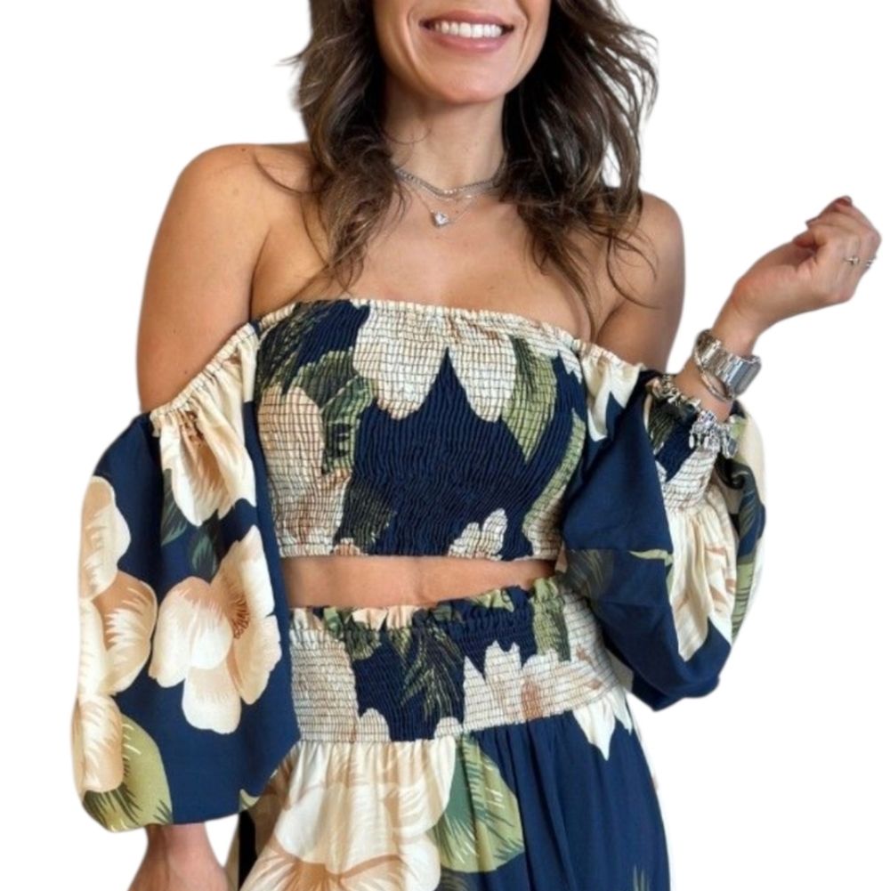 Farm Rio Nwot Off Shoulder Chita Floral Navy/Creme Lsleeve Elastic Bust Crop Top